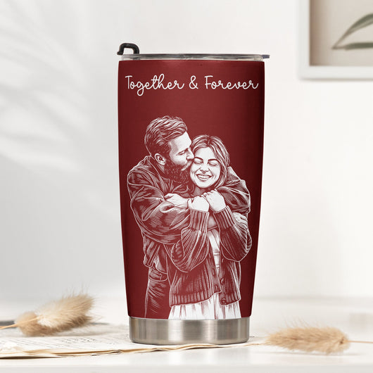 Custom Couple Photo Sketch Line Art Anniversary Gift For Him, Her - Personalized Tumbler Cup