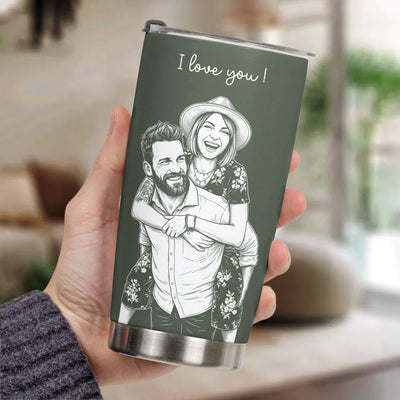 Custom Couple Photo Sketch Line Art Anniversary Gift For Him, Her - Personalized Tumbler Cup